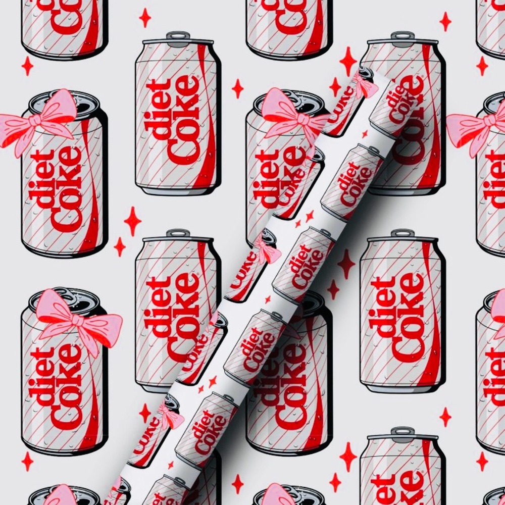 ONE ROLL: 10 ft of Diet Coke Pink Bows Christmas Wrapping Paper